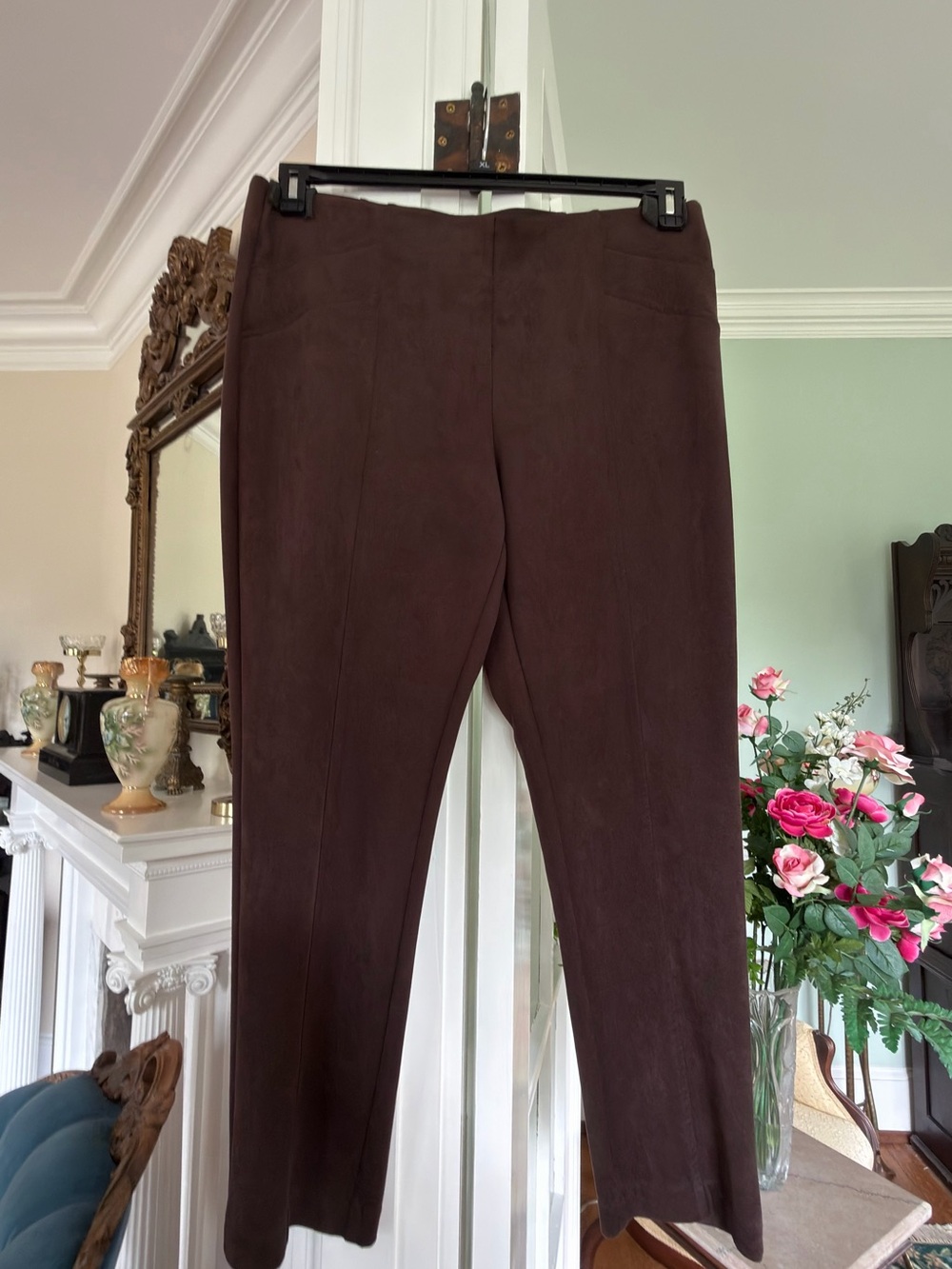 Rafaella Dark Brown Straight-Leg Ponte Suede look Pants. Size 16